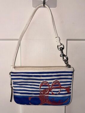 Vintage Coach Poppy Nautical Blue & White Stripe Marine Sequin Zip Wristlet Mini